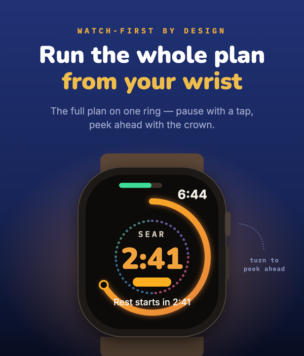 Supertimer — the Apple Watch run screen with the segmented ring