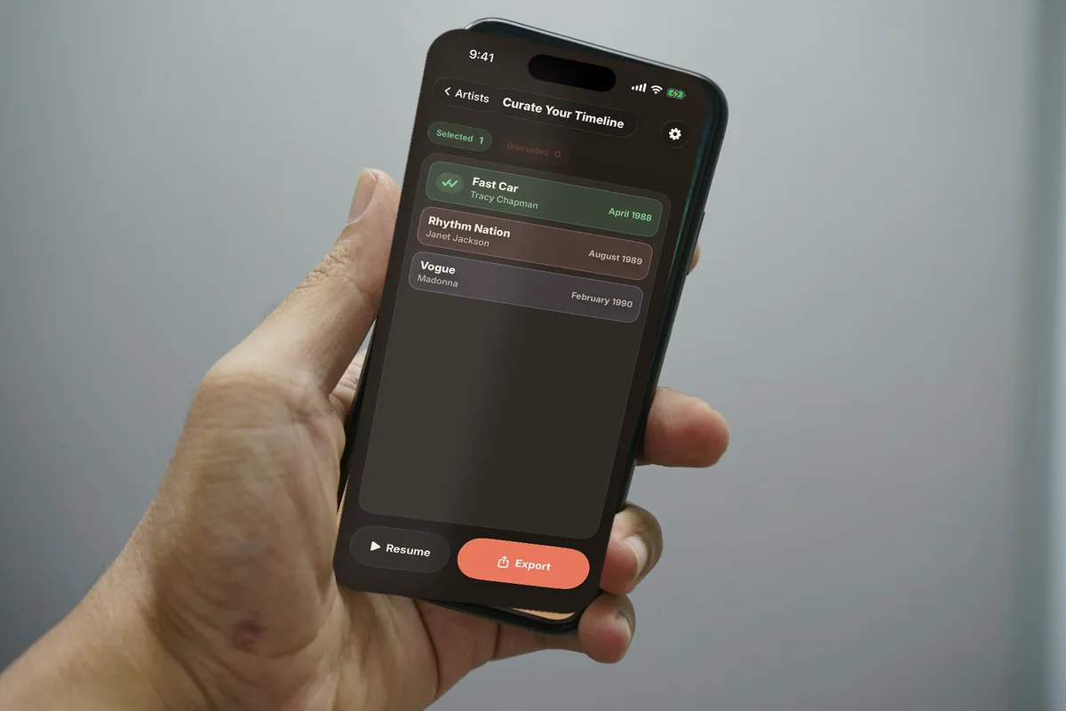 A hand holding an iPhone with a Songline timeline on screen